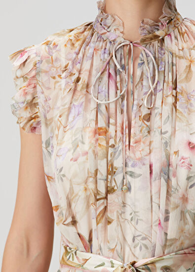 Rebellion Flutter Krem Çiçekli Midi Elbise - Görsel 6