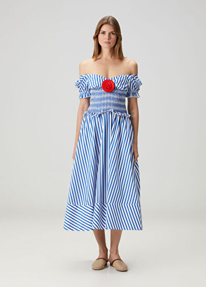 knee length dresses for ladies Cara Cara Malena Blue Stripe Seersucker Belted Midi Dress