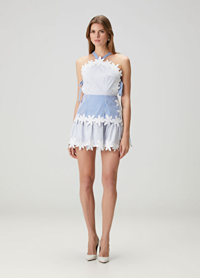 gul hurgel blue dress Blue Off The Shoulder Embellished Dress With 3D Flower Detail