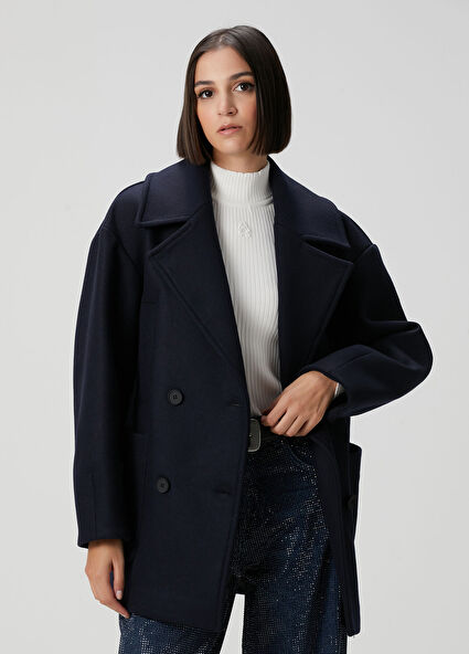 Oversize Lacivert Yün Kaşe Kaban
