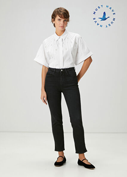 Slim Straight Siyah Yırtmaçlı ,Jean Pantolon