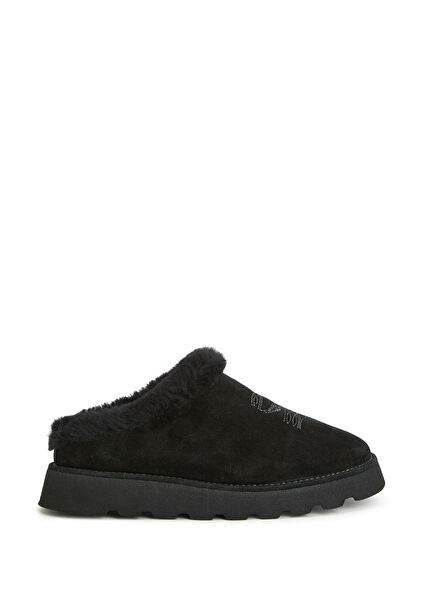 Siyah Shearling Detaylı Kadın Deri Terlik