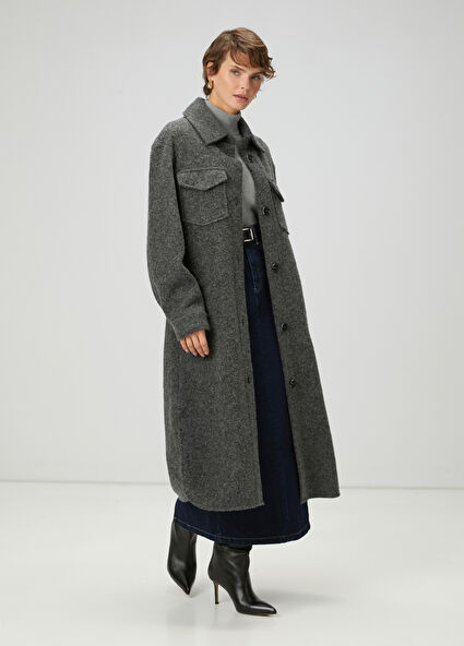 Gri Yıldız Nakışlı Uzun Yün Dış Gömlek