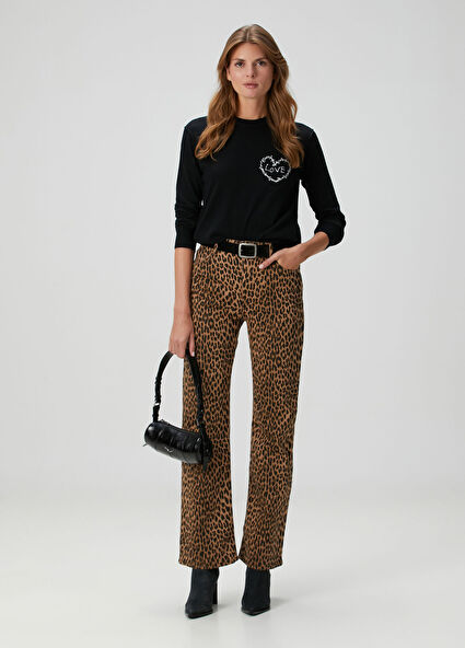 Evy Wide Leg Leopar Desenli Jean Pantolon
