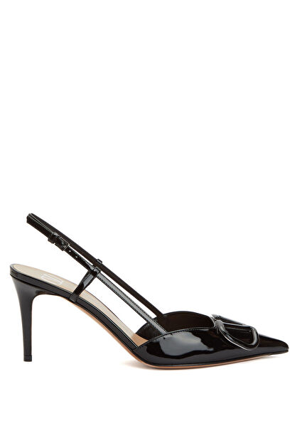 VLogo Siyah Deri Topuklu Ayakkabı