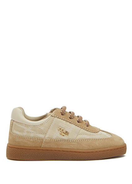 Krem Logo Desenli Erkek Çocuk Süet Sneaker