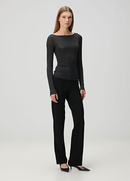 High Waist Pintuck Straight Leg Siyah Pantolon