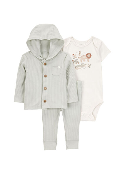 Yeşil Kapüşonlu Hırka Pantolon ve Beyaz Çıtçıtlı Body Erkek Bebek 3'lü Set