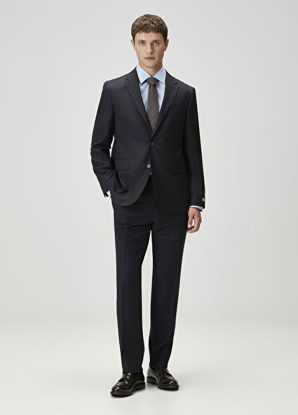 Drop 7 Lacivert Çizgili Yün Takım Elbise