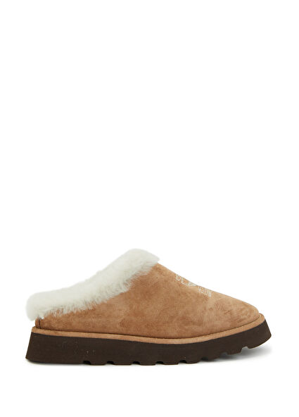 Taba Shearling Detaylı Kadın Deri Terlik