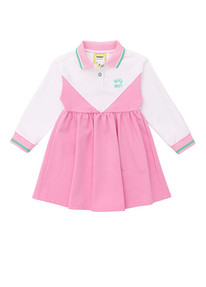 Pembe Polo Yaka Uzun Kollu Kız Çocuk Elbise