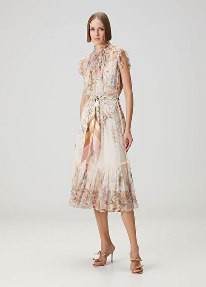 Rebellion Flutter Krem Çiçekli Midi Elbise