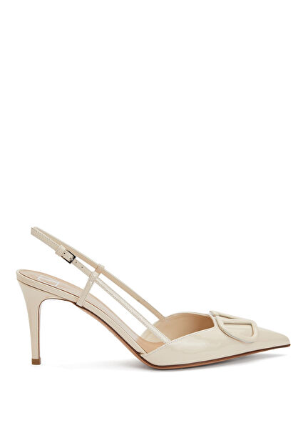 VLogo Ekru Deri Topuklu Ayakkabı