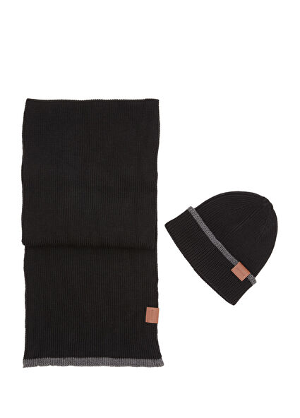 Siyah Çizgi Detaylı Unisex Atkı Bere Seti