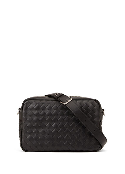 Medium Siyah Örgü Dokulu Erkek Deri Çapraz Çanta