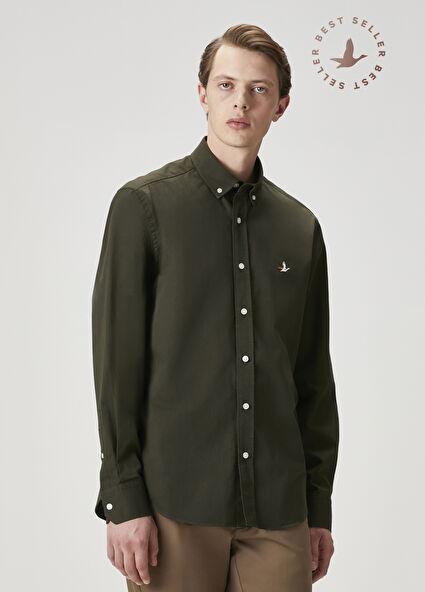 Comfort Fit Haki Gabardin Doku Gömlek