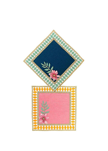 Pink and Green Checkered Linen 2-Piece Cocktail Napkin