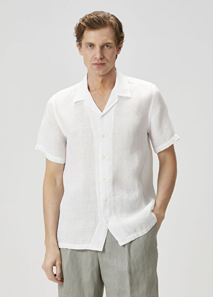 Beyaz Kısa Kollu Keten Gömlek