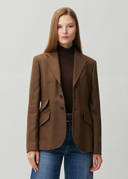 Kahverengi Mikro Kazayağı Desenli Blazer