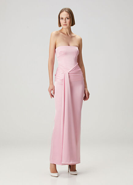 Pembe Straplez Maksi Abiye Elbise