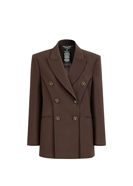 Kahve Çift Düğmeli Yırtmaç Detaylı Kadın Blazer Ceket