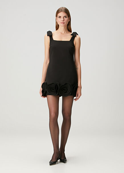 Siyah Çiçekli Mini Krep Kokteyl Elbise