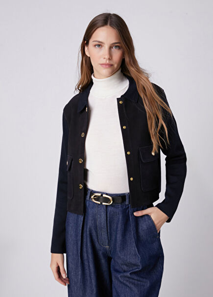 Navy Blue Suede Inserted Wool Knit Jacket