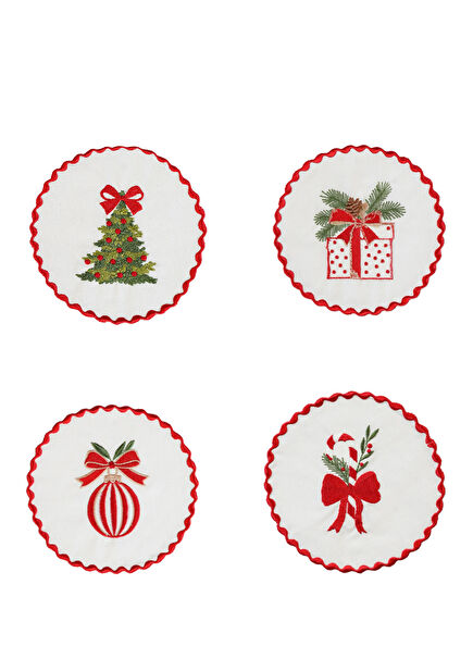 Holly Jolly Kırmızı Keten 4'lü Bardak Altlığı