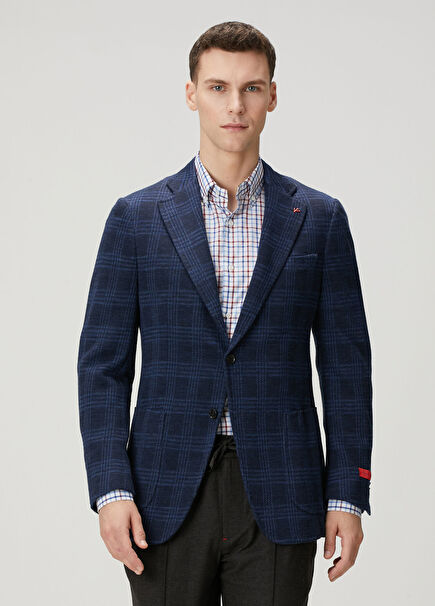 Lacivert Ekose Desenli Yün Ceket