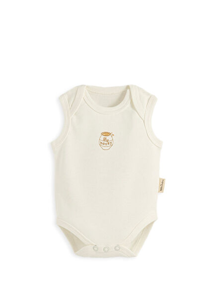 Happy Bee Baskılı Ekru Kolsuz Unisex Bebek Çıtçıtlı Body