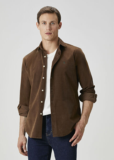 Slim Fit Kahverengi Kadife Gömlek