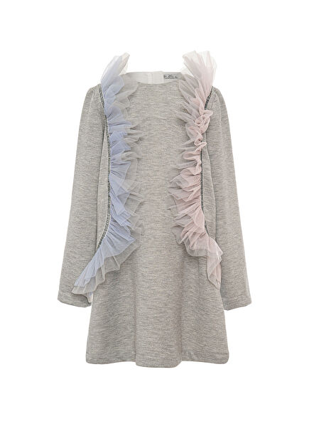 Gri Tül Detaylı Kız Çocuk Elbise