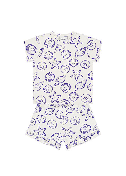 Neşeli Dostlar Mor Desenli Kısa Kollu T-shirt ve Şort Kız Bebek 2'li Set