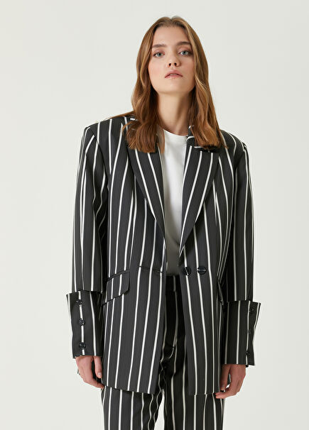 Beyaz Gri Çizgili Blazer