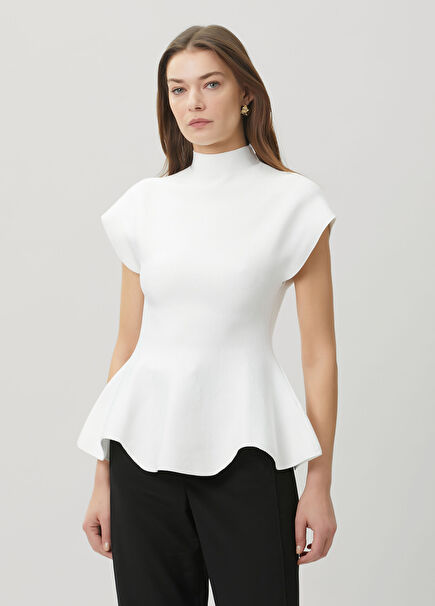 Andra Beyaz Peplum Detaylı Örgü Bluz