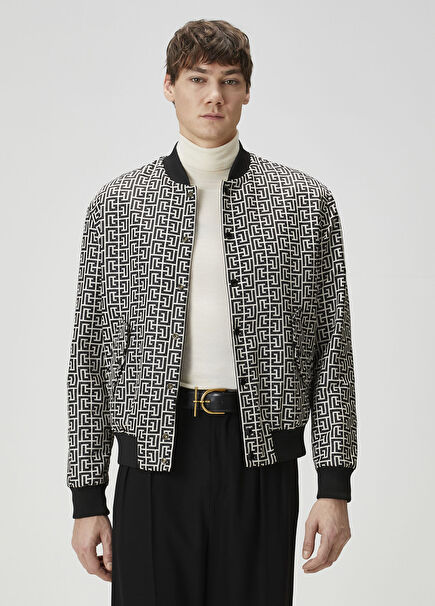 Siyah Beyaz Logo Desenli Çift Taraflı Bomber Mont