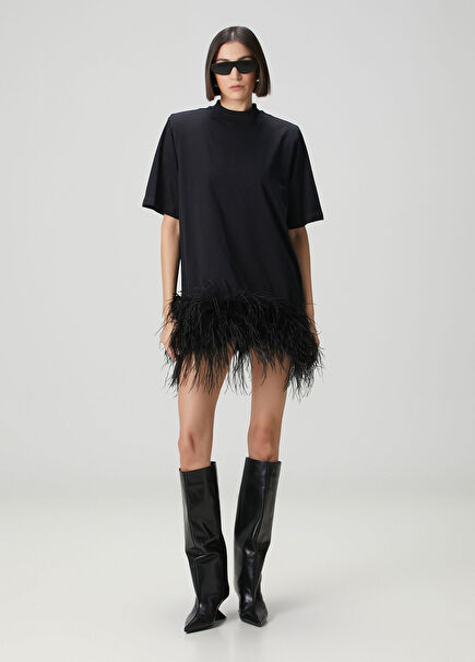 Siyah Tüy Detaylı Mini Elbise