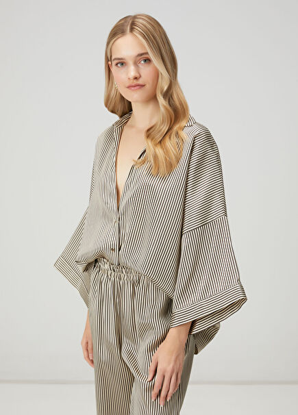 Beige Brown Striped Satin Shirt