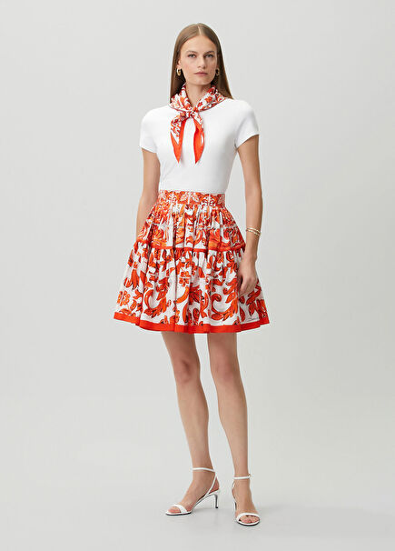 Orange White Patterned Mini Skirt