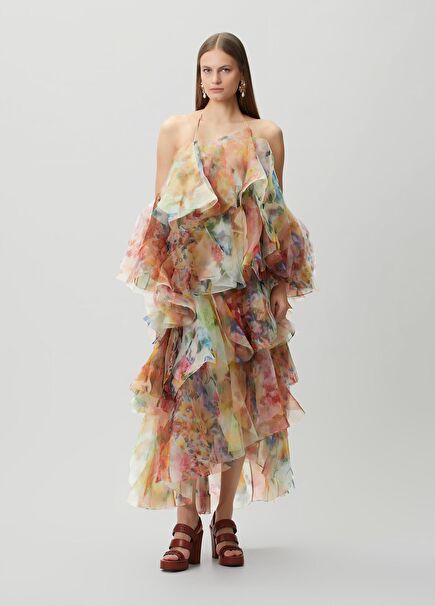 Luna Fanned Floral Maxi Evening Dress