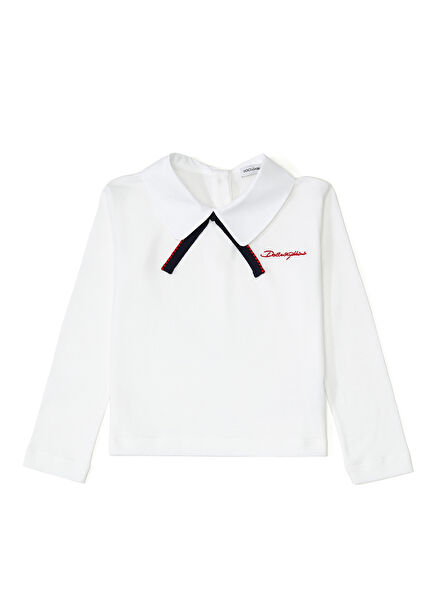 Beyaz Logo Nakışlı Uzun Kollu Kız Çocuk T-shirt