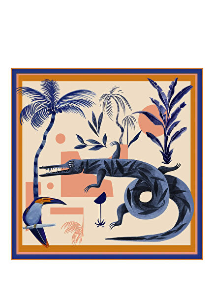 Blue Crocodile Patterned Silk Satin Women's Scarf