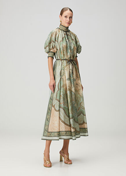 Wanderlust Billow Green Midi Silk Dress