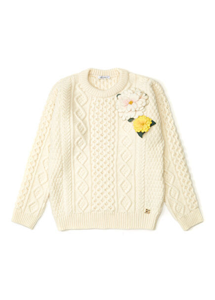 Cream Floral Appliqué Girls Wool Sweater