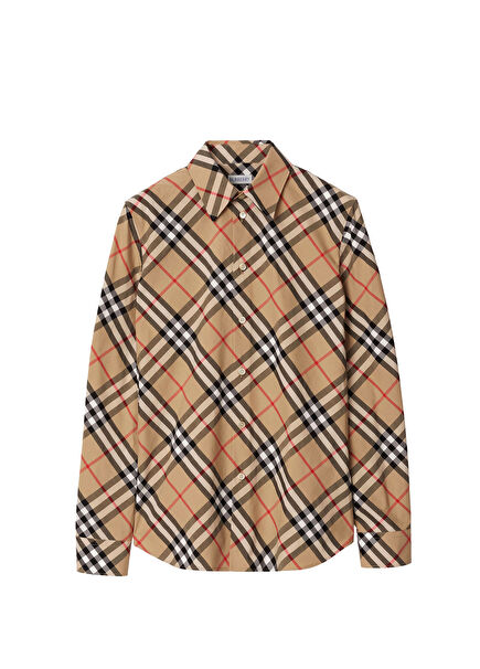 Beige Check Cotton Slim Fit Long Sleeve Women's Shirt