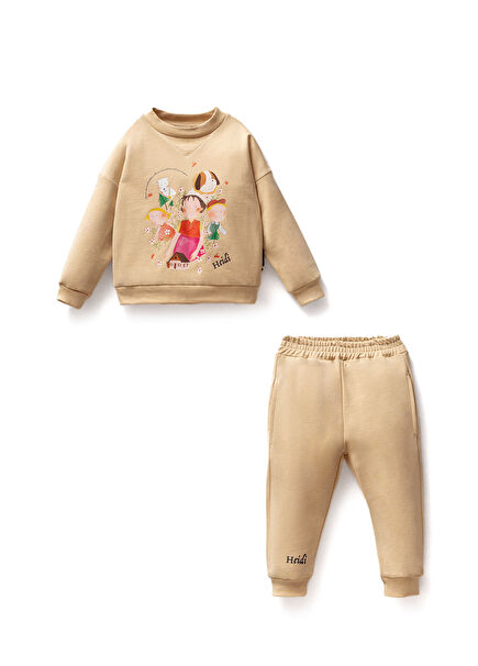 Bej Heidi Desenli Pamuklu Kız Çocuk Eşofman Takımı