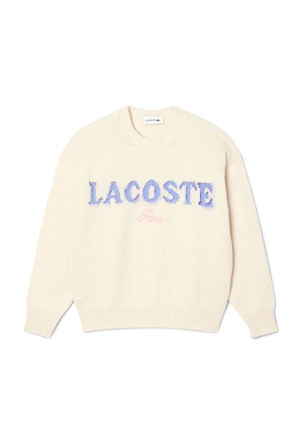 Krem Classic Fit Bisiklet Yaka Baskılı Yün Kadın Kazak