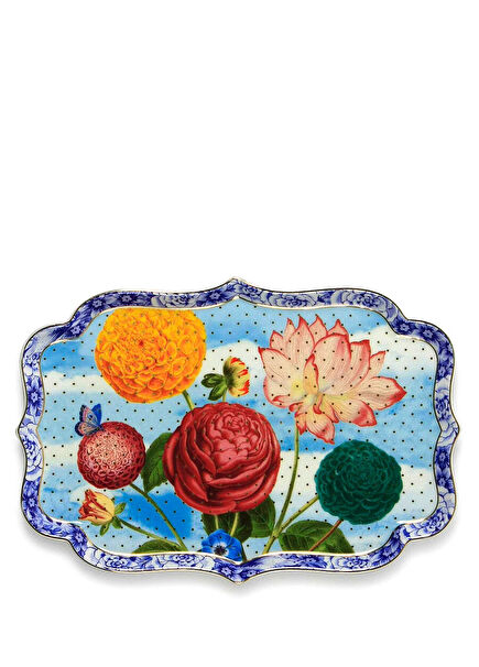 Royal Mavi Çiçek Desenli Tepsi