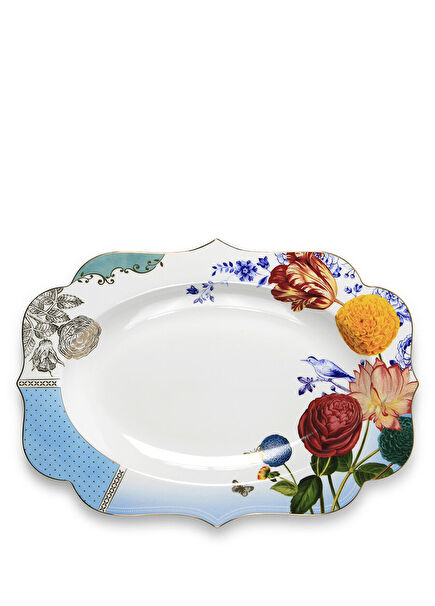 Royal Beyaz Mavi Çiçek Desenli Porselen Tepsi