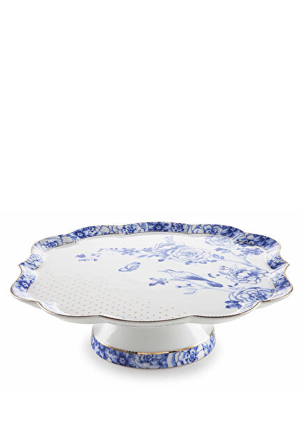 Royal Beyaz Mavi Çiçek Baskılı Porselen Kek Standı